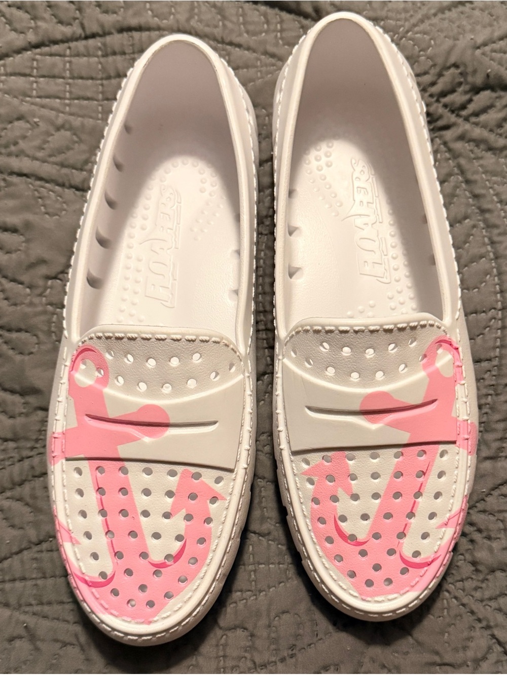White and Pink Perforated Slip-On Loafers for Women
